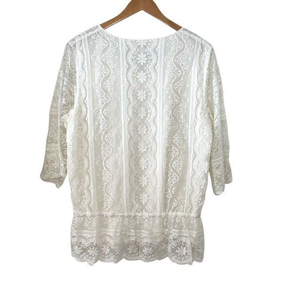 Chico's Womens V-Neck 3/4 Sleeve Lace Scallop Pullover Lined Blouse White Size 2 - Picture 3 of 7